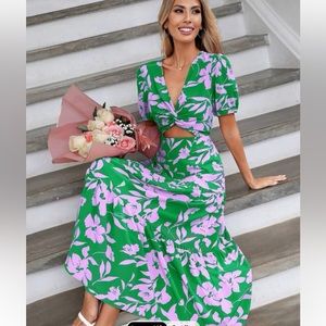 Floral Print Cutout Front Ruffle Hem Dress XL Shein